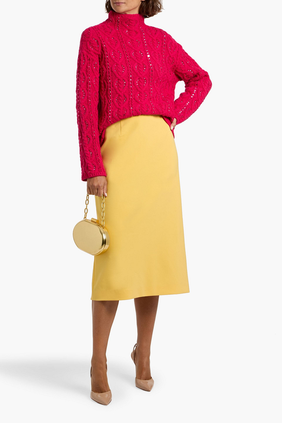 Carolina Herrera Embellished Cable-knit Wool And Cashmere-blend Turtleneck Sweater In Red