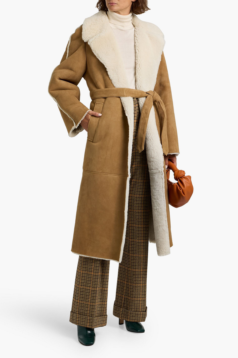 Maje Belted Shearling Coat In Blue