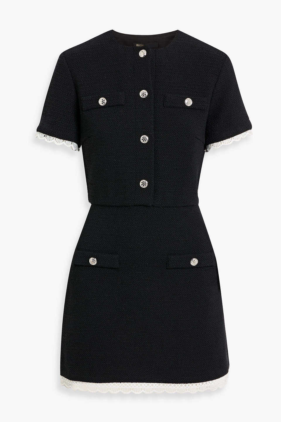 Maje Lace-trimmed Tweed Mini Dress In Black