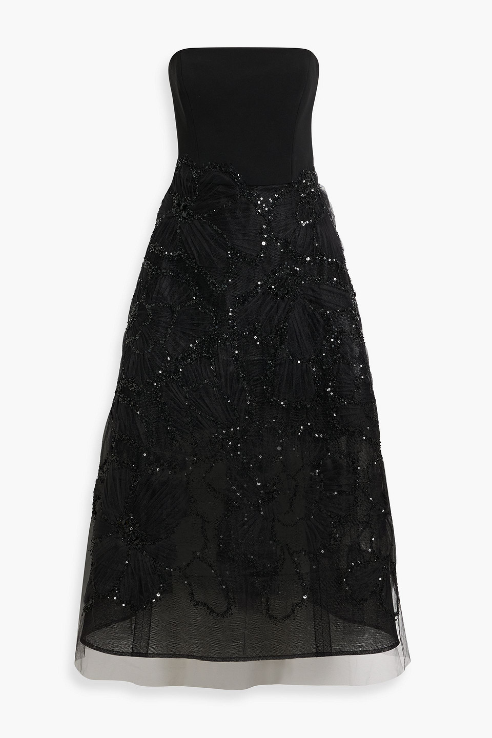 Carolina Herrera Strapless Embellished Tulle And Crepe Midi Dress In Black