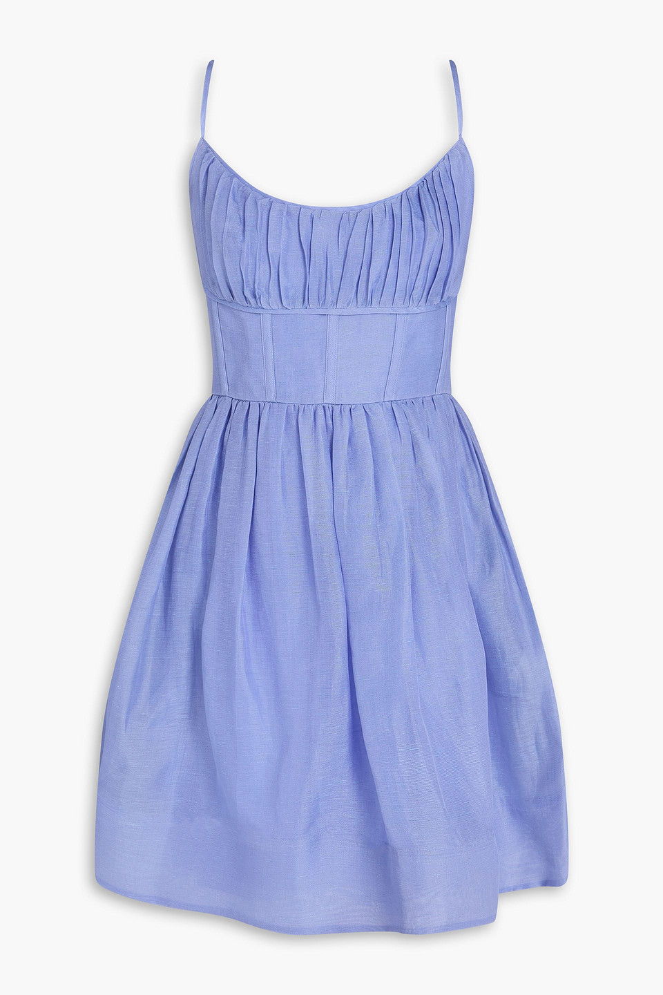 Zimmermann Ruched Linen And Silk-blend Mini Dress In Purple