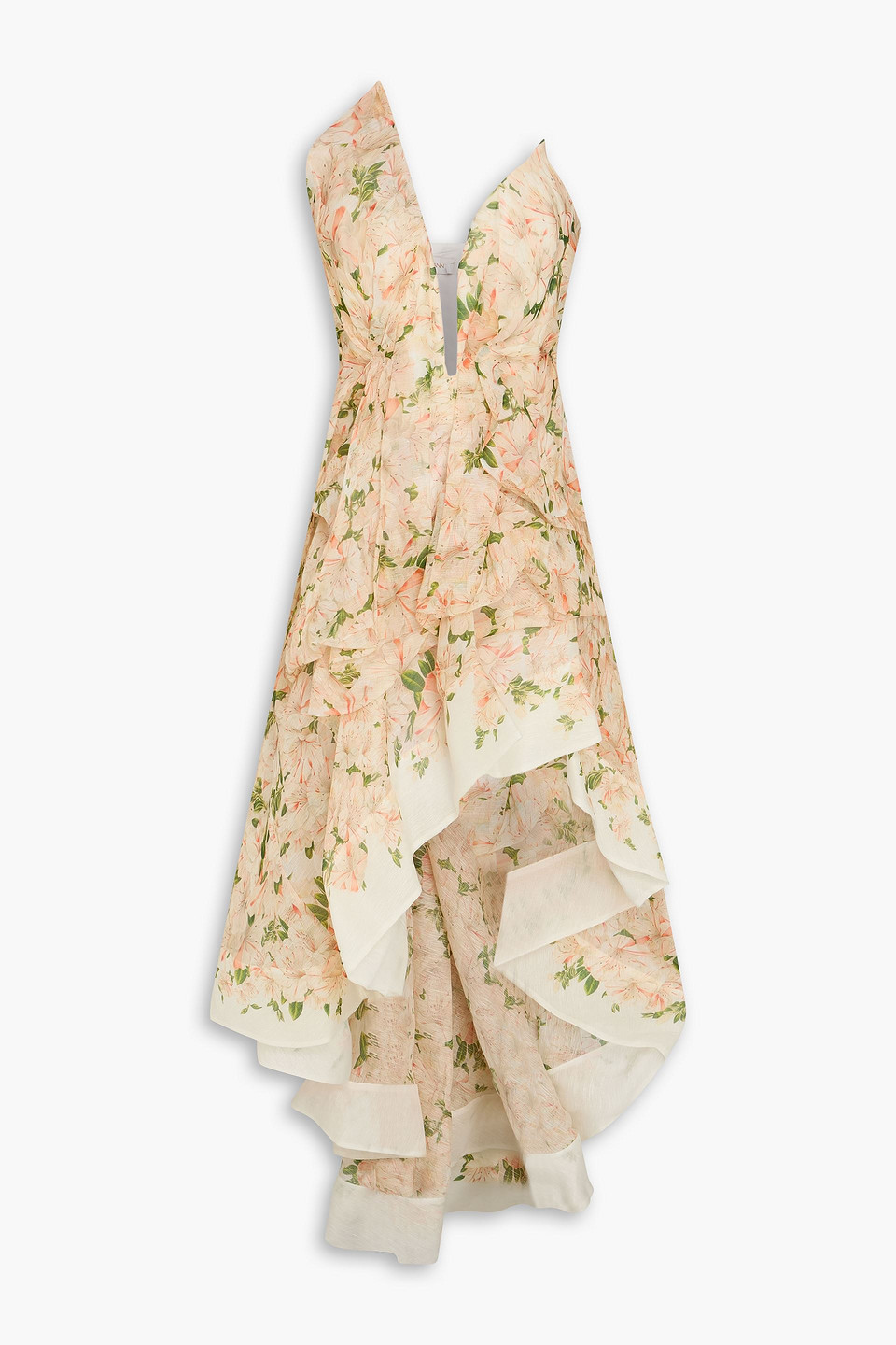 Zimmermann Strapless Asymmetric Floral-print Linen And Silk-blend Maxi Dress In Orange