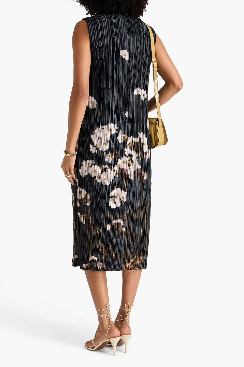Erdem Floral-print Plissã©-satin Midi Dress In Black