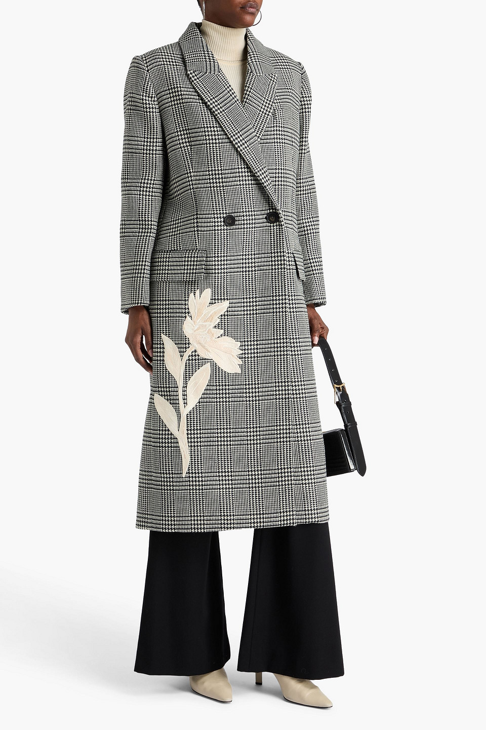 Erdem Embroidered Prince Of Wales Checked Wool-tweed Coat In Black