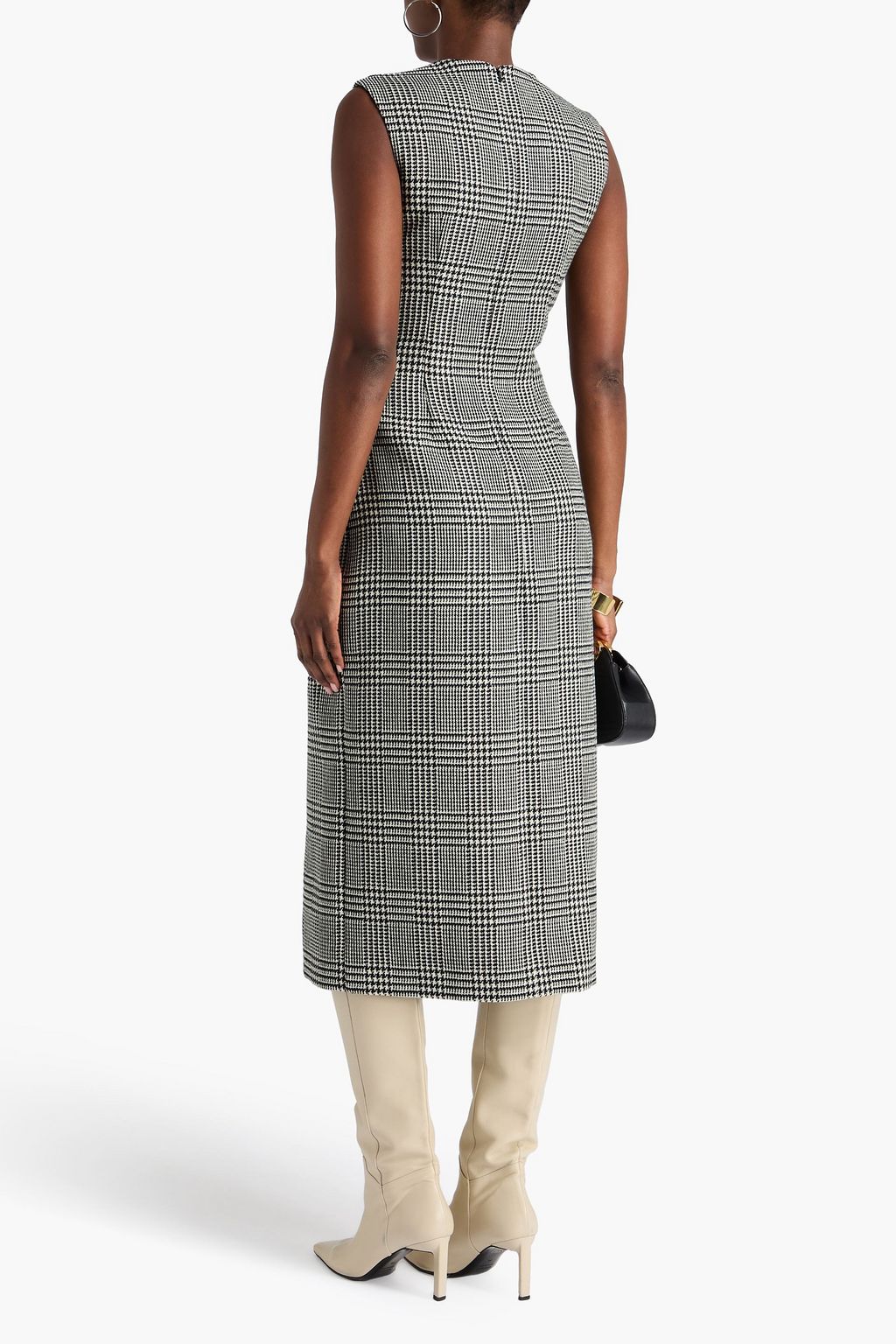 ERDEM Floral-appliquéd Prince of Wales checked wool-tweed midi dress