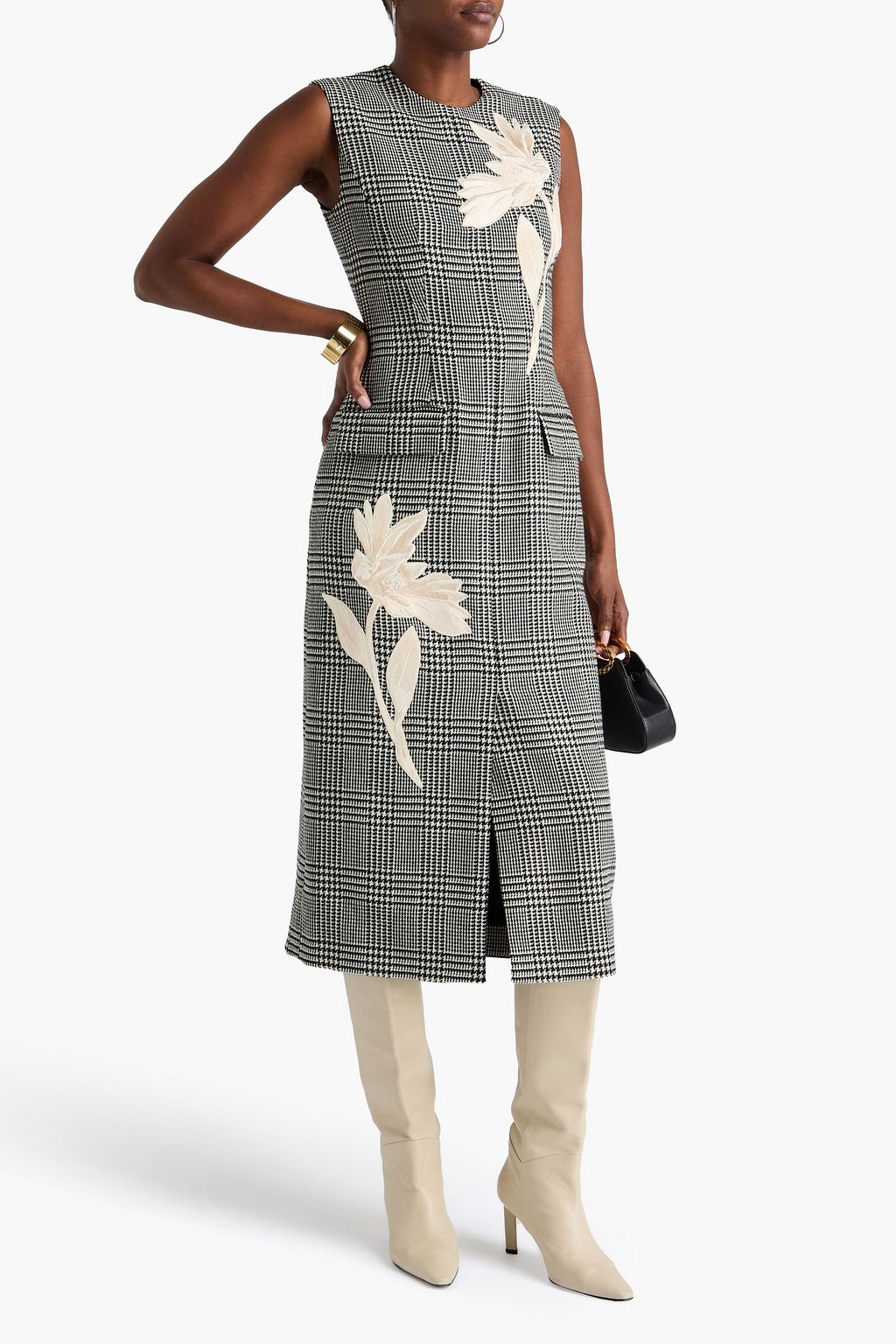 ERDEM Floral-appliquéd Prince of Wales checked wool-tweed midi dress