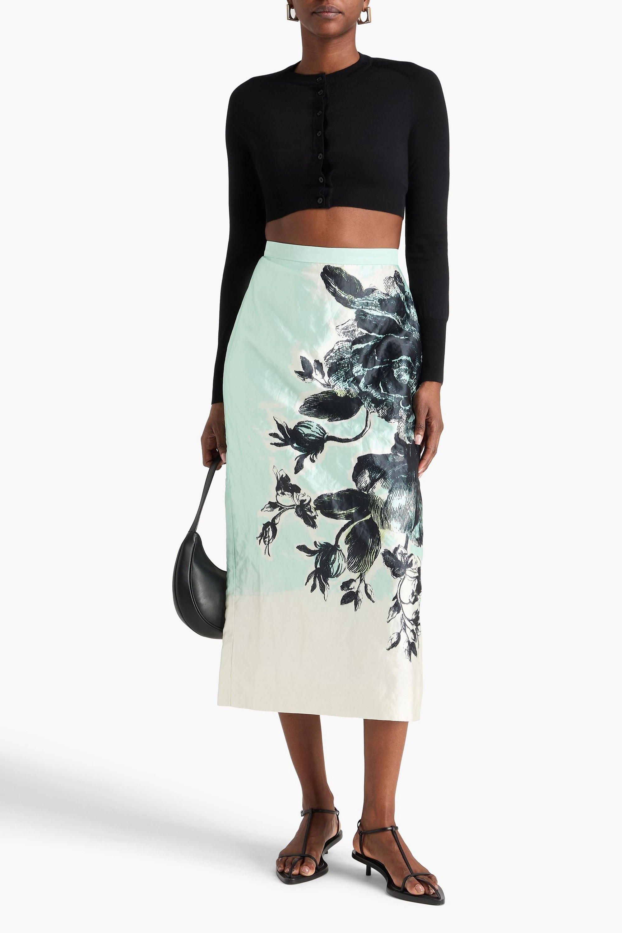 Erdem Floral-print crinkled-satin midi skirt