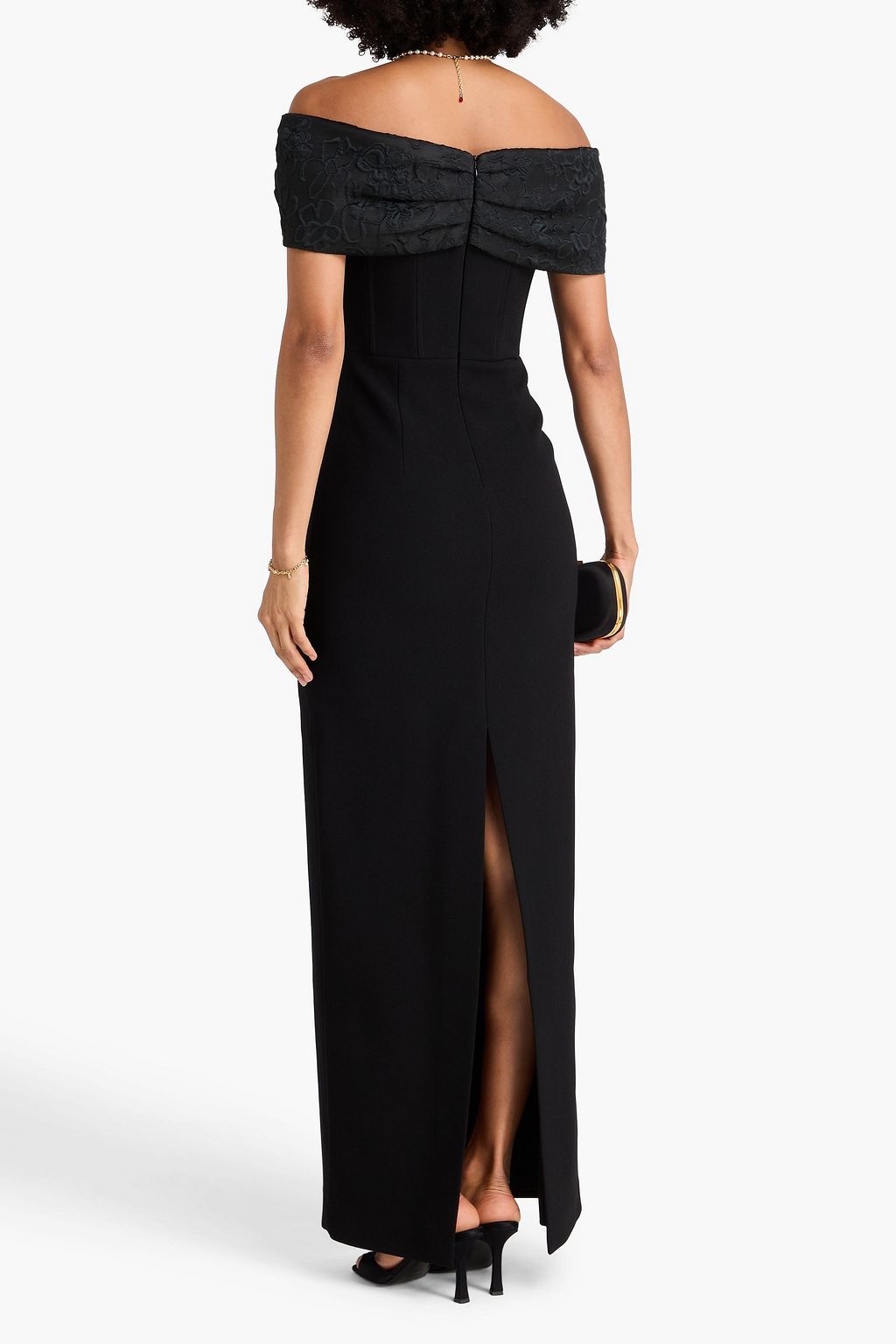 REBECCA VALLANCE Athena off-the-shoulder cloqué-paneled crepe gown