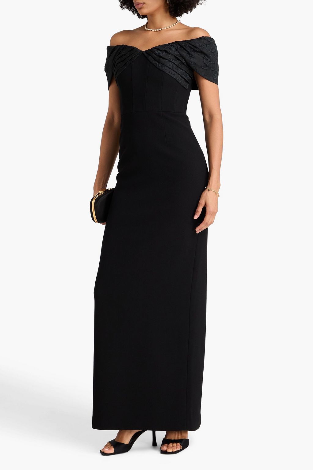 REBECCA VALLANCE Athena off-the-shoulder cloqué-paneled crepe gown