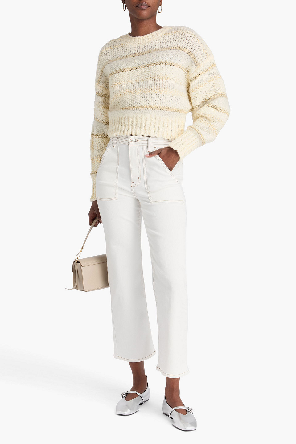  Frame - Cropped Metallic Striped Wool-blend Sweater - White - Xs 