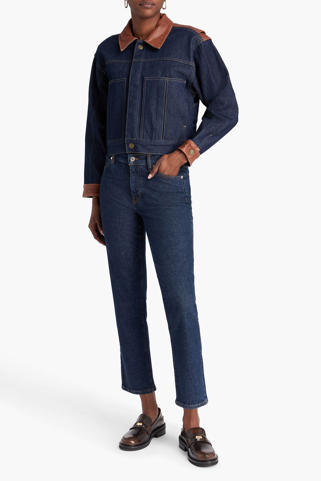 FRAME Jeansjacke mit Lederbesatz