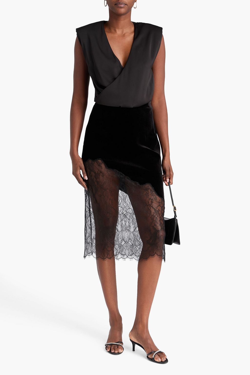 FRAME Velvet and Chantilly lace midi skirt