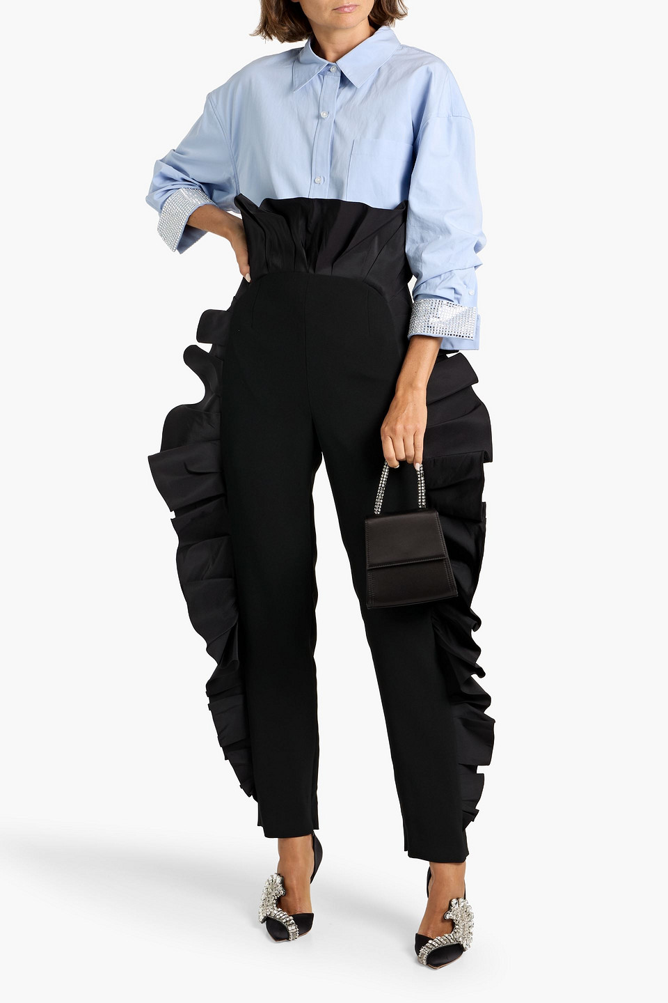 Carolina Herrera Ruffled Silk-faille And Crepe Slim-leg Pants In Black