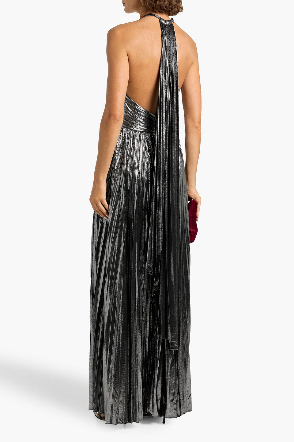 Retroféte Reiss Pleated Lamé Halterneck Maxi Dress In Gray