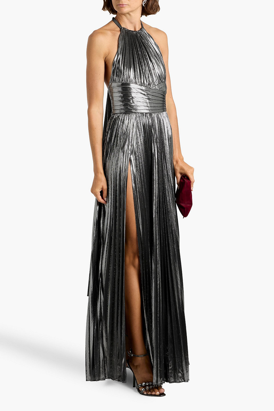 Retroféte Reiss Pleated Lamé Halterneck Maxi Dress In Gray