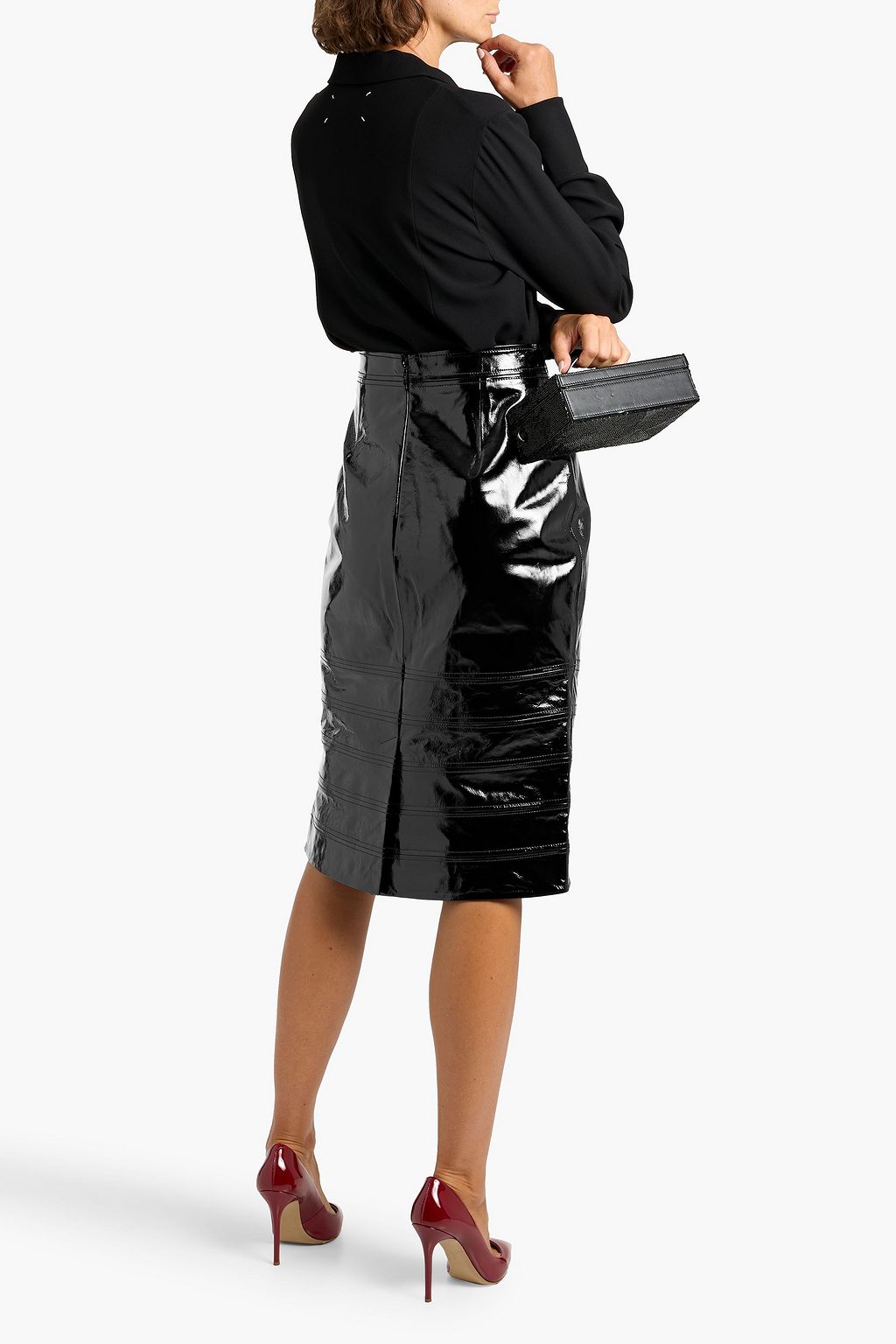 HERVÉ LÉGER Neve crinkled patent-leather pencil skirt