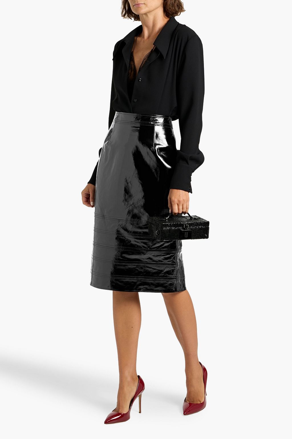 HERVÉ LÉGER Neve crinkled patent-leather pencil skirt