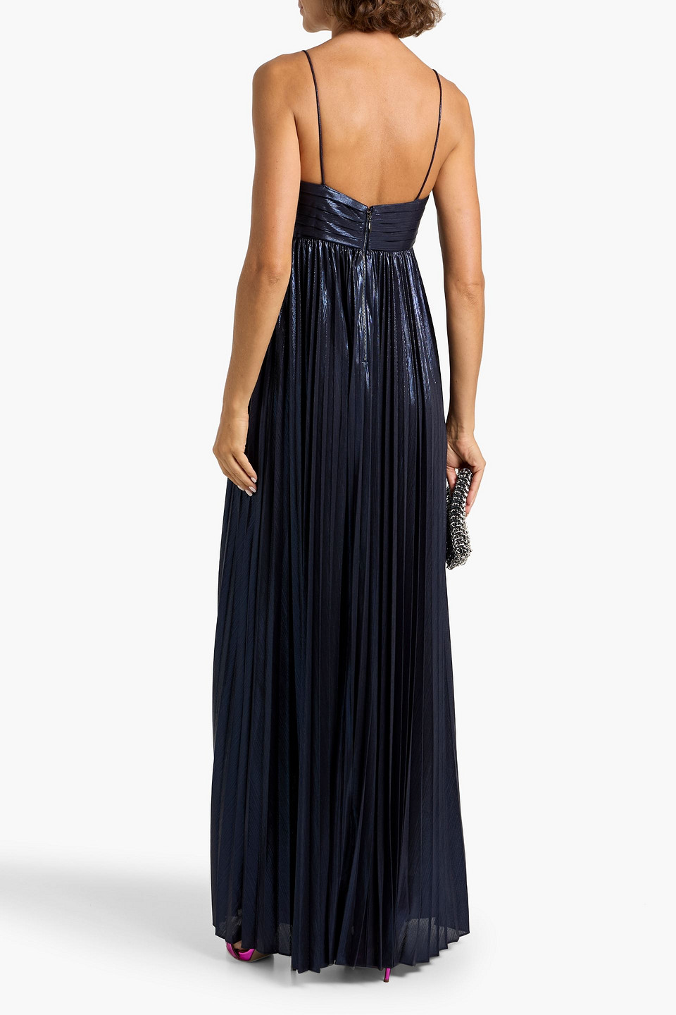 Retroféte Zinnia Pleated Lamé Maxi Dress In Blue