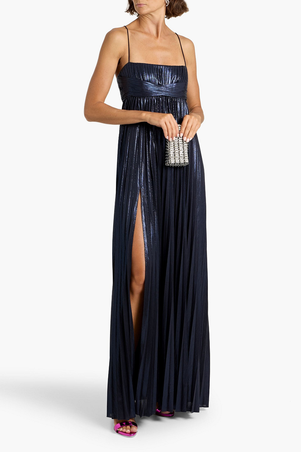 Retroféte Zinnia Pleated Lamé Maxi Dress In Blue