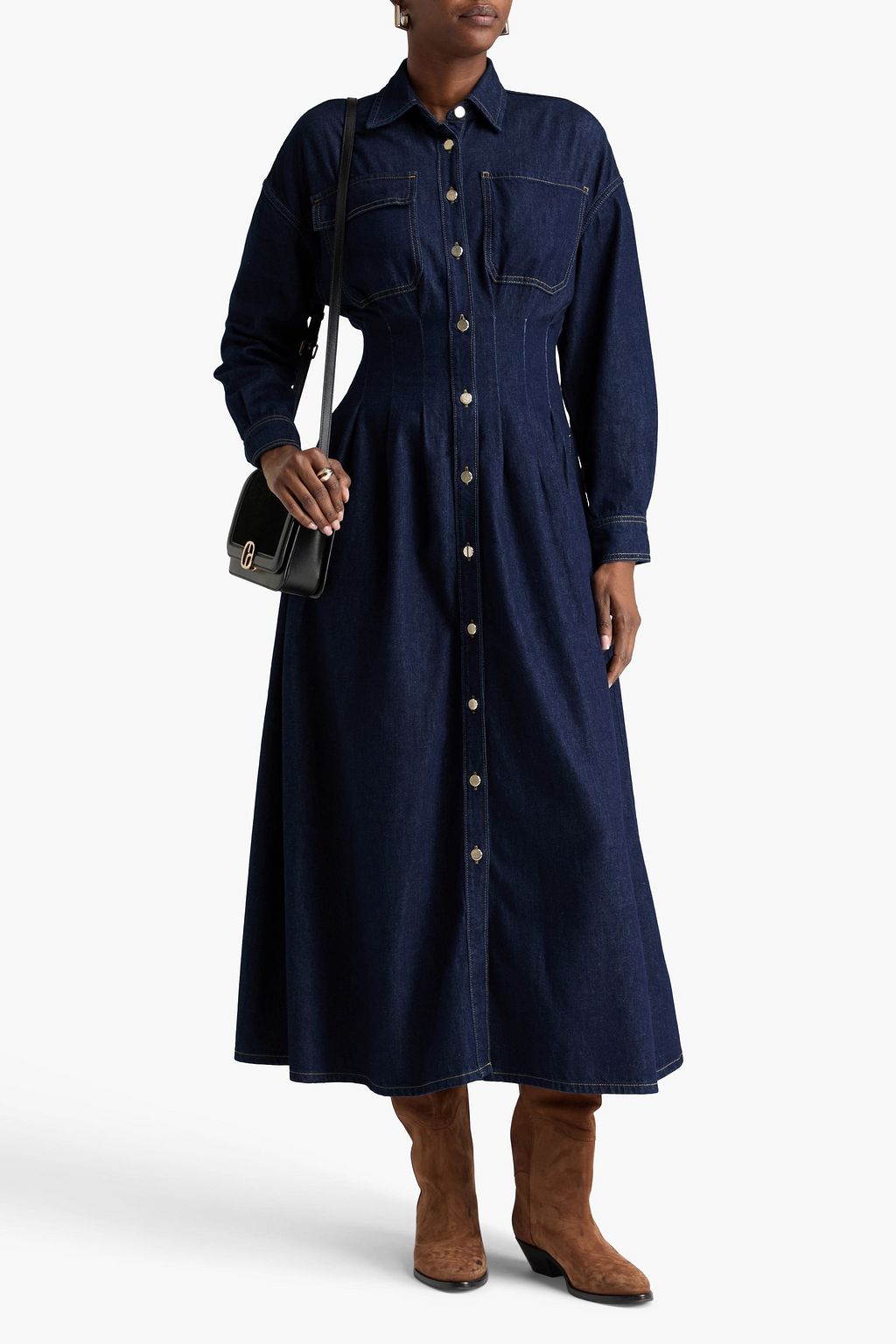 FRAME Pleated denim midi dress