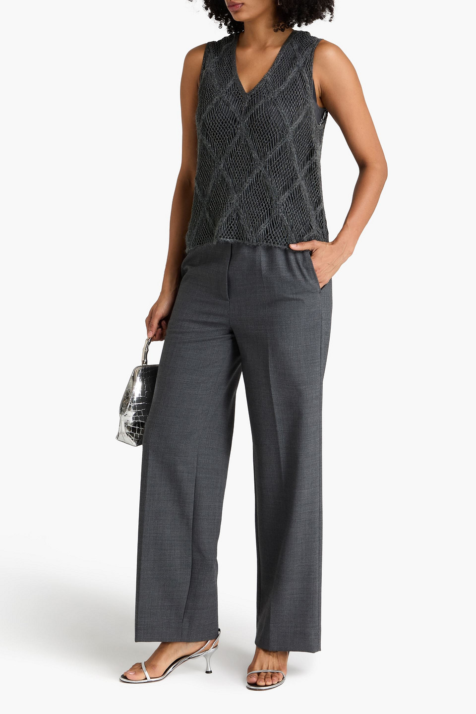  Brunello Cucinelli - Tanktop In Lochstrick Mit Metallic-effekt - Grau - S 