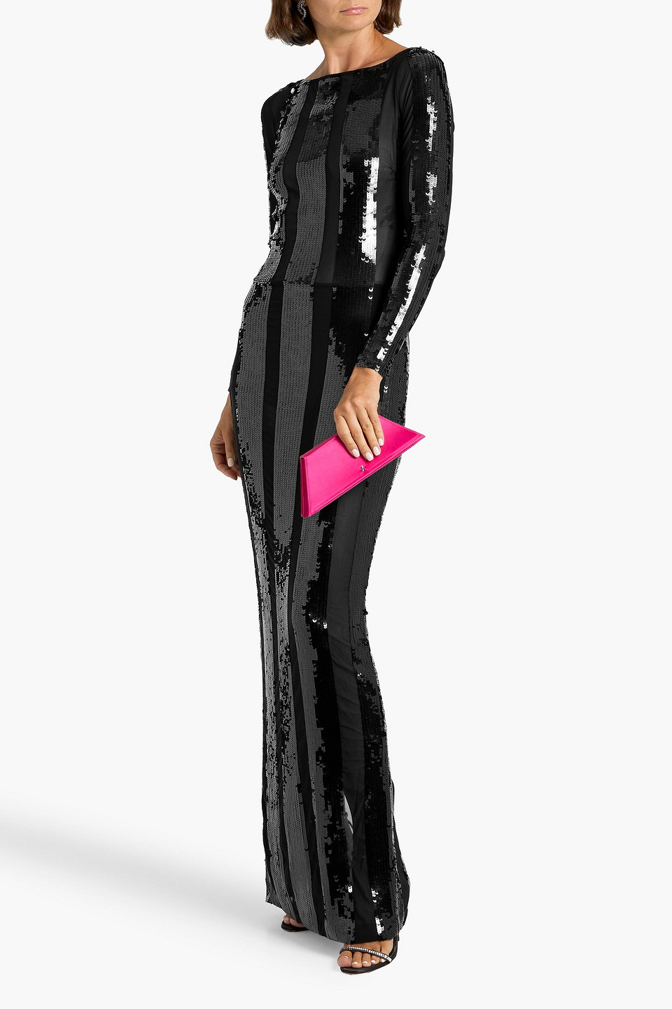 Retroféte Elsi Striped Sequin-embellished Mesh Gown In Black