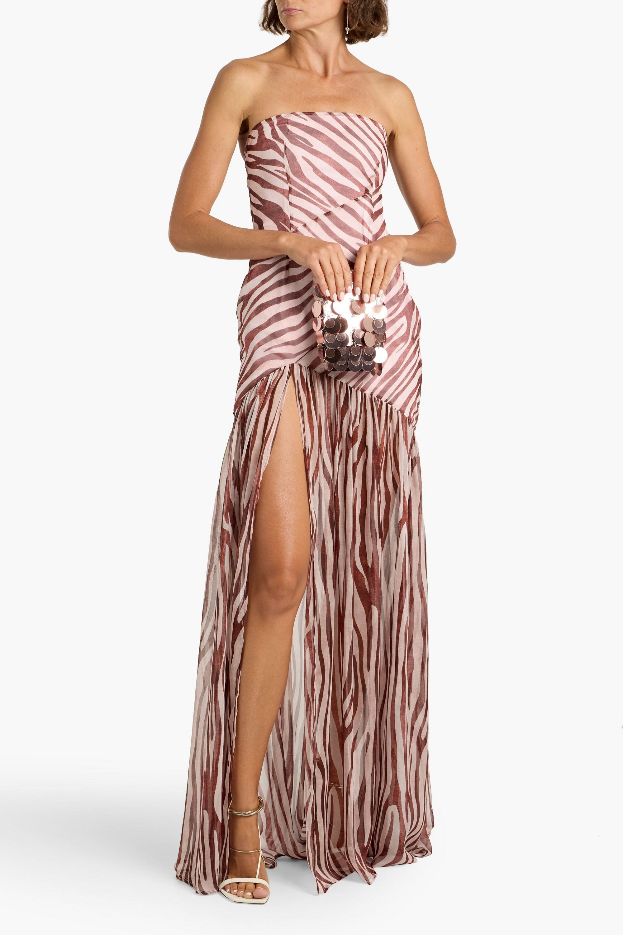 Retrofête Nicole strapless zebra-print silk-chiffon maxi dress