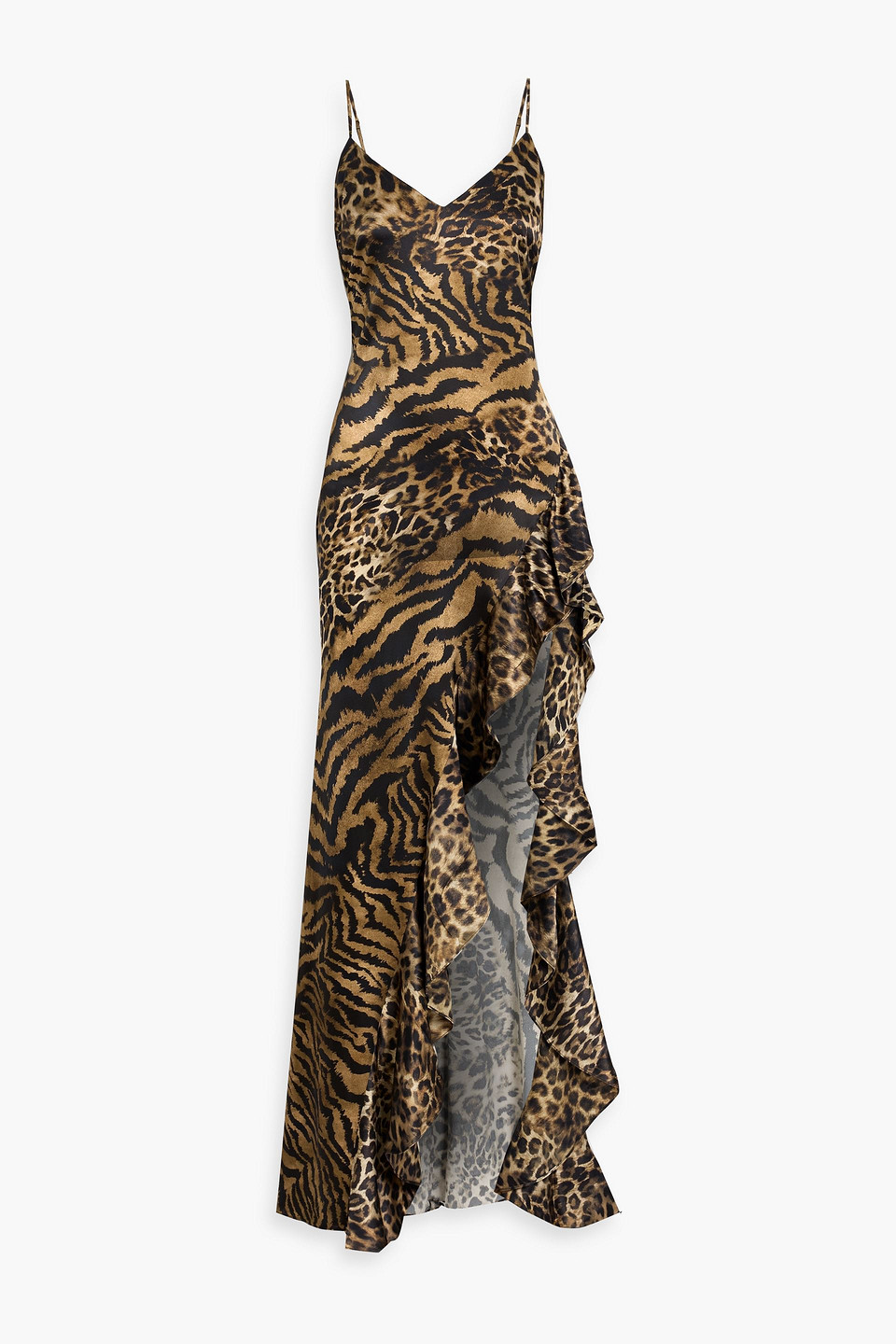 Retroféte Raelynn Ruffled Printed Silk-blend Satin Maxi Dress In Animal Print