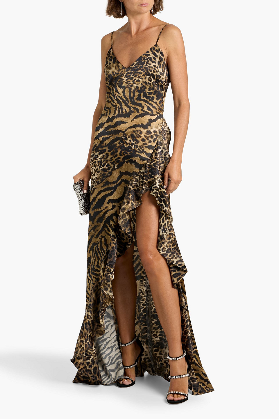 Retroféte Raelynn Ruffled Printed Silk-blend Satin Maxi Dress In Animal Print
