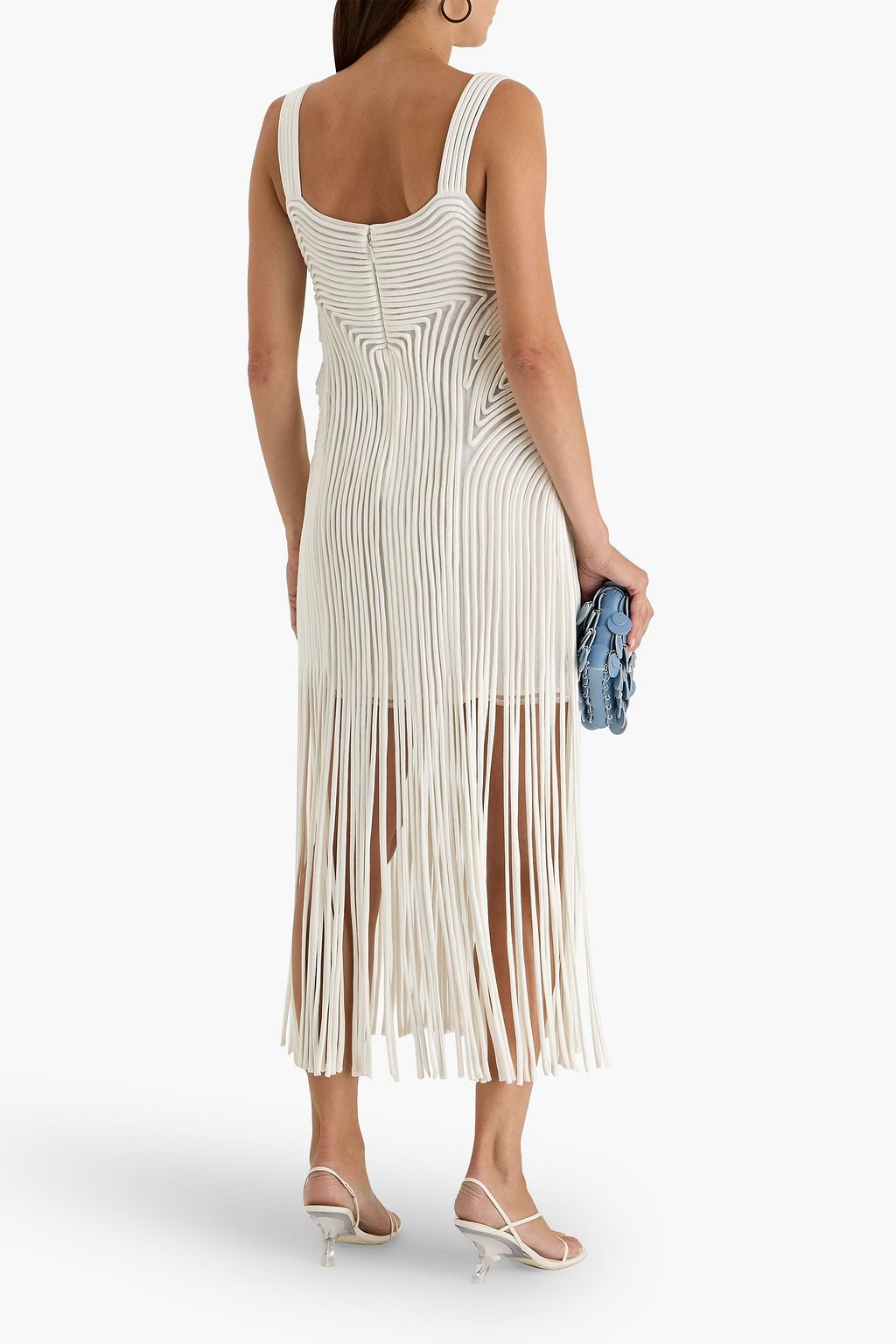 SIMKHAI Darby fringed satin and mesh midi dress