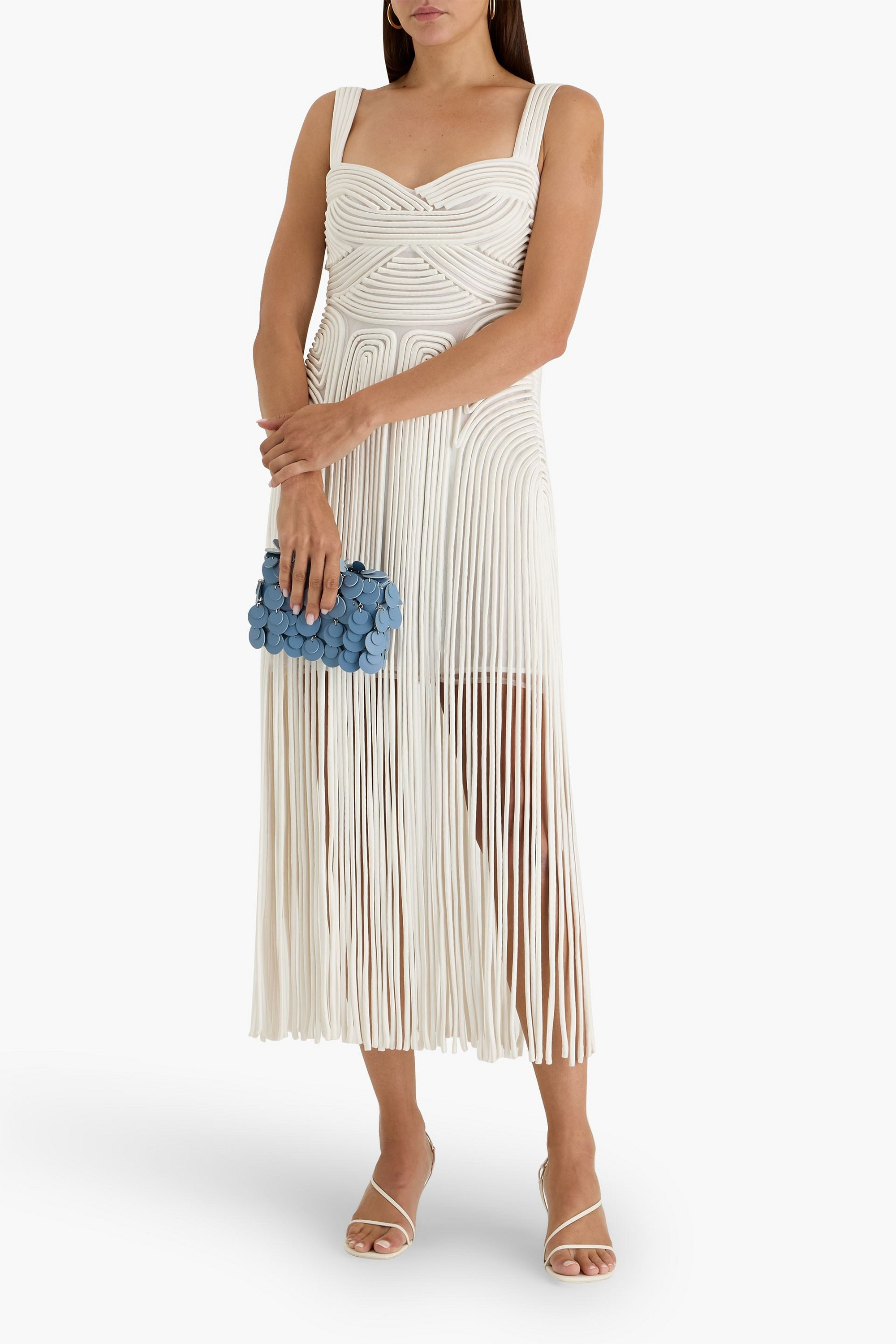 SIMKHAI Darby fringed satin and mesh midi dress