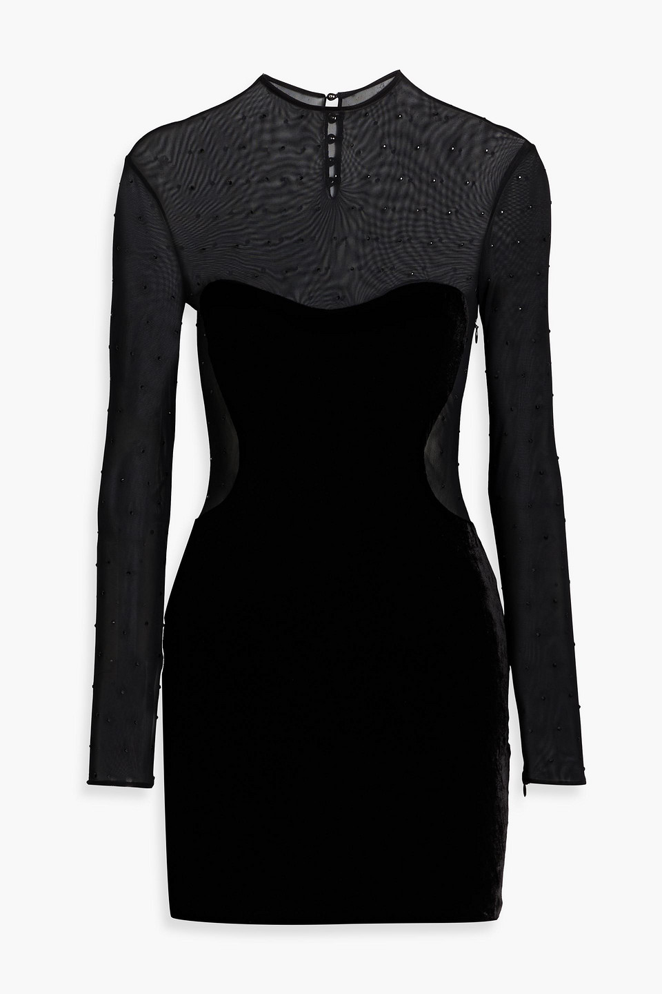 Retroféte Delmer Crystal-embellished Mesh-paneled Velvet Mini Dress In Black