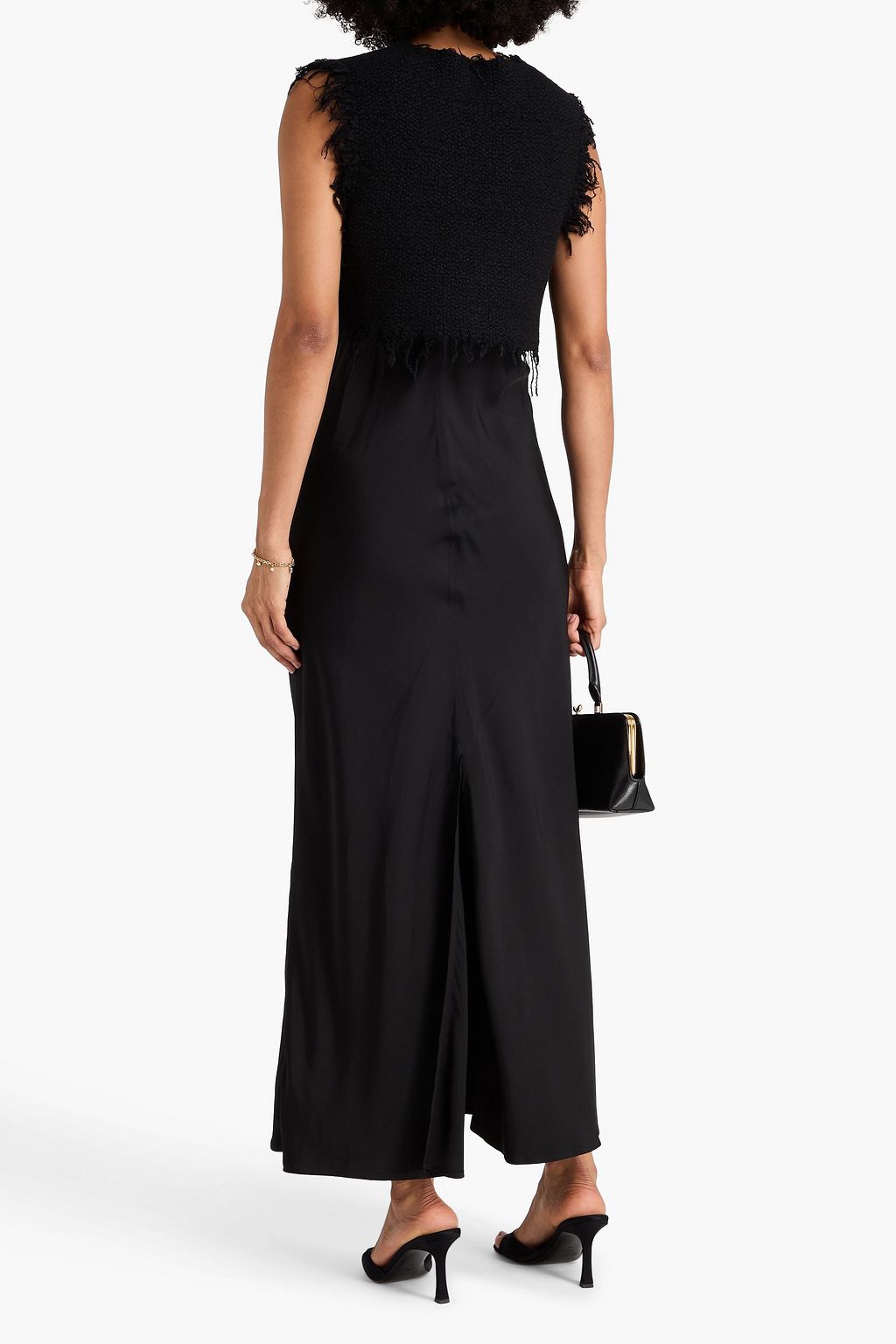 JIL SANDER Frayed layered tweed and satin maxi slip dress