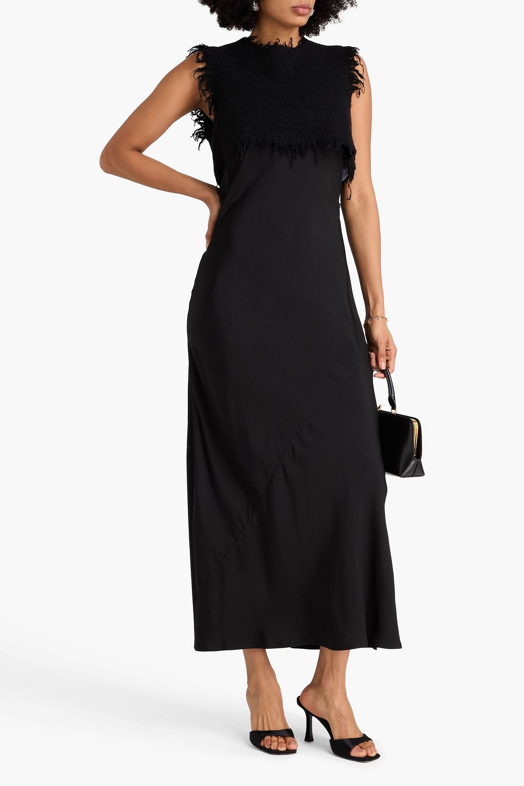 JIL SANDER Frayed layered tweed and satin maxi slip dress