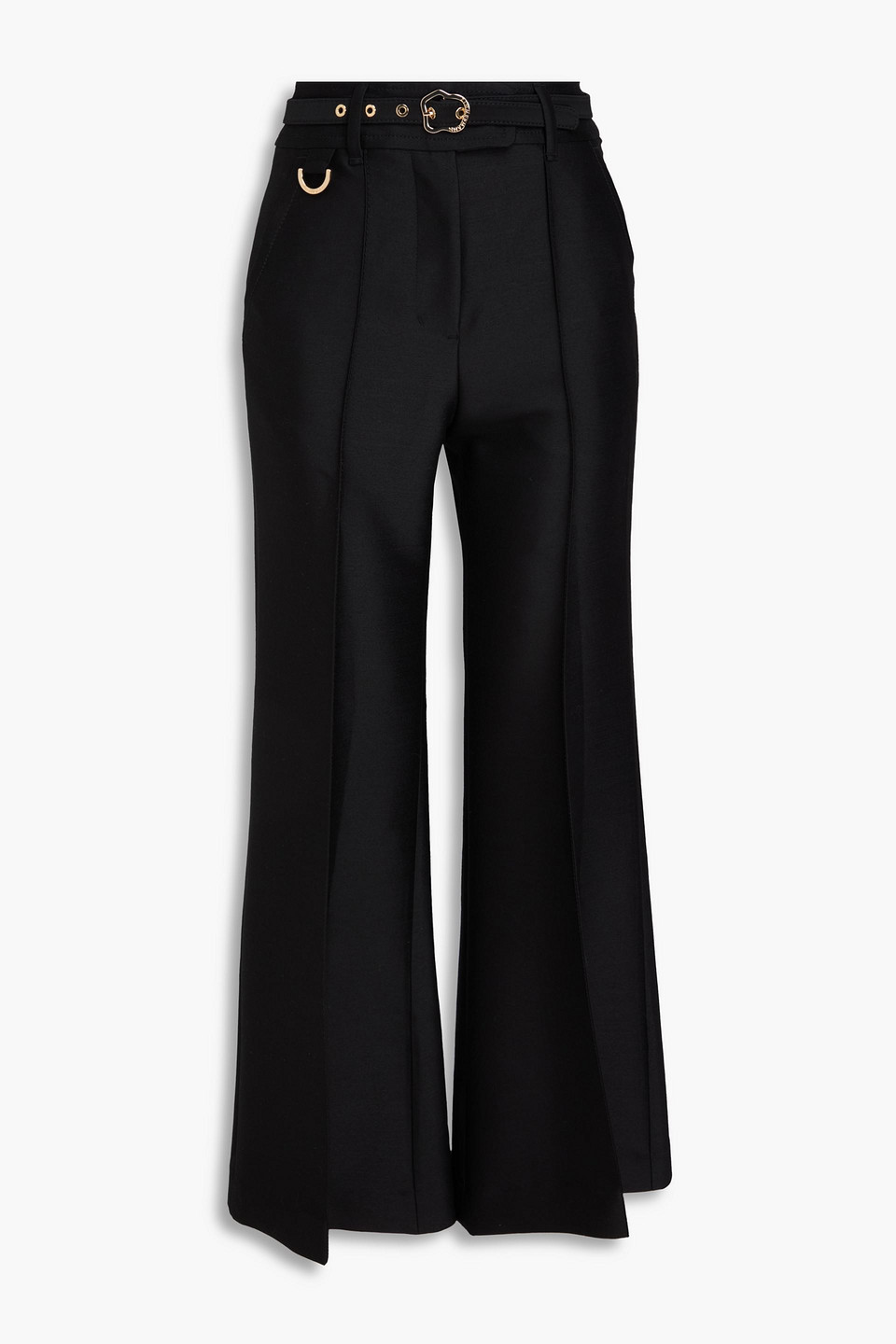Zimmermann Belted Wool And Silk-blend Flared Trousers In Black