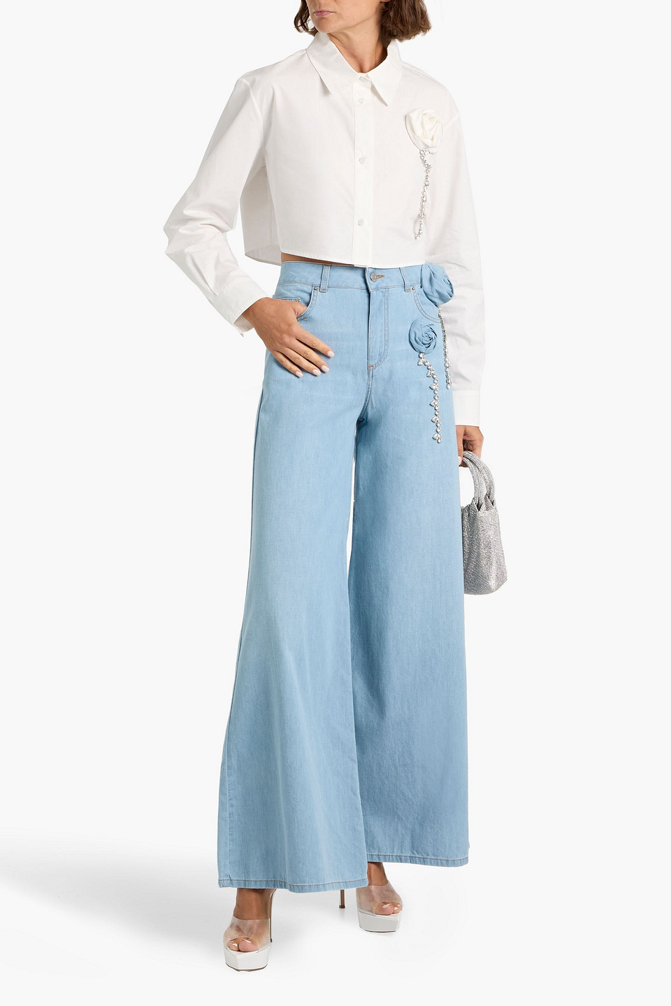 Area Crystal Rosette Wide Leg Jeans In Super Light Blue
