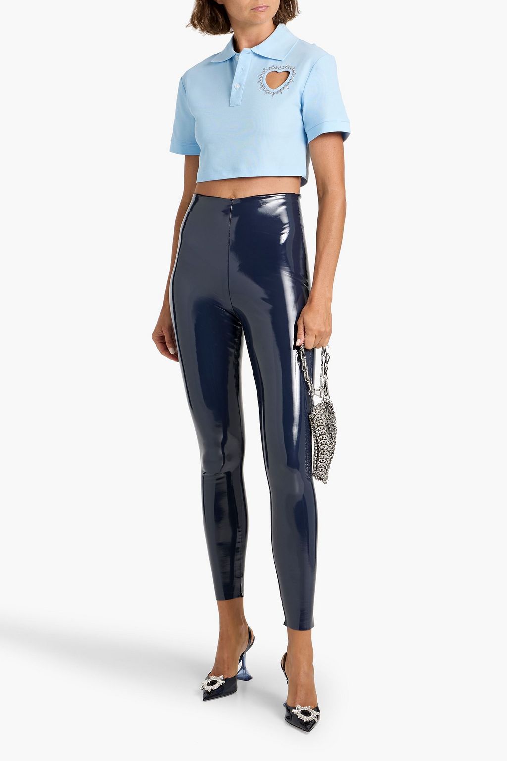 AREA Cropped embellished cotton-piqué polo shirt