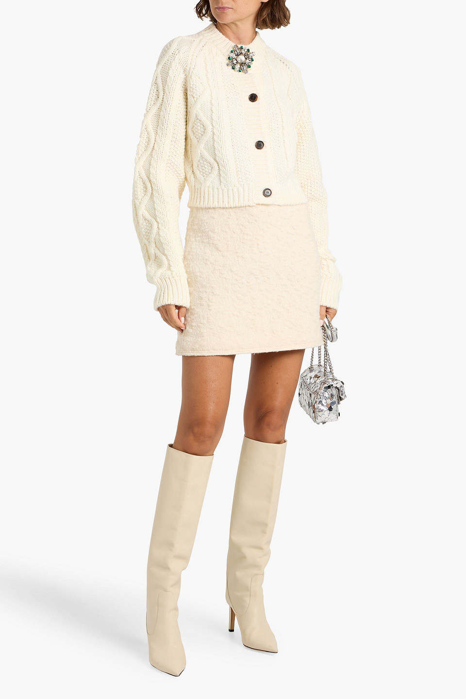Area Embellished Cable-knit Cardigan In White