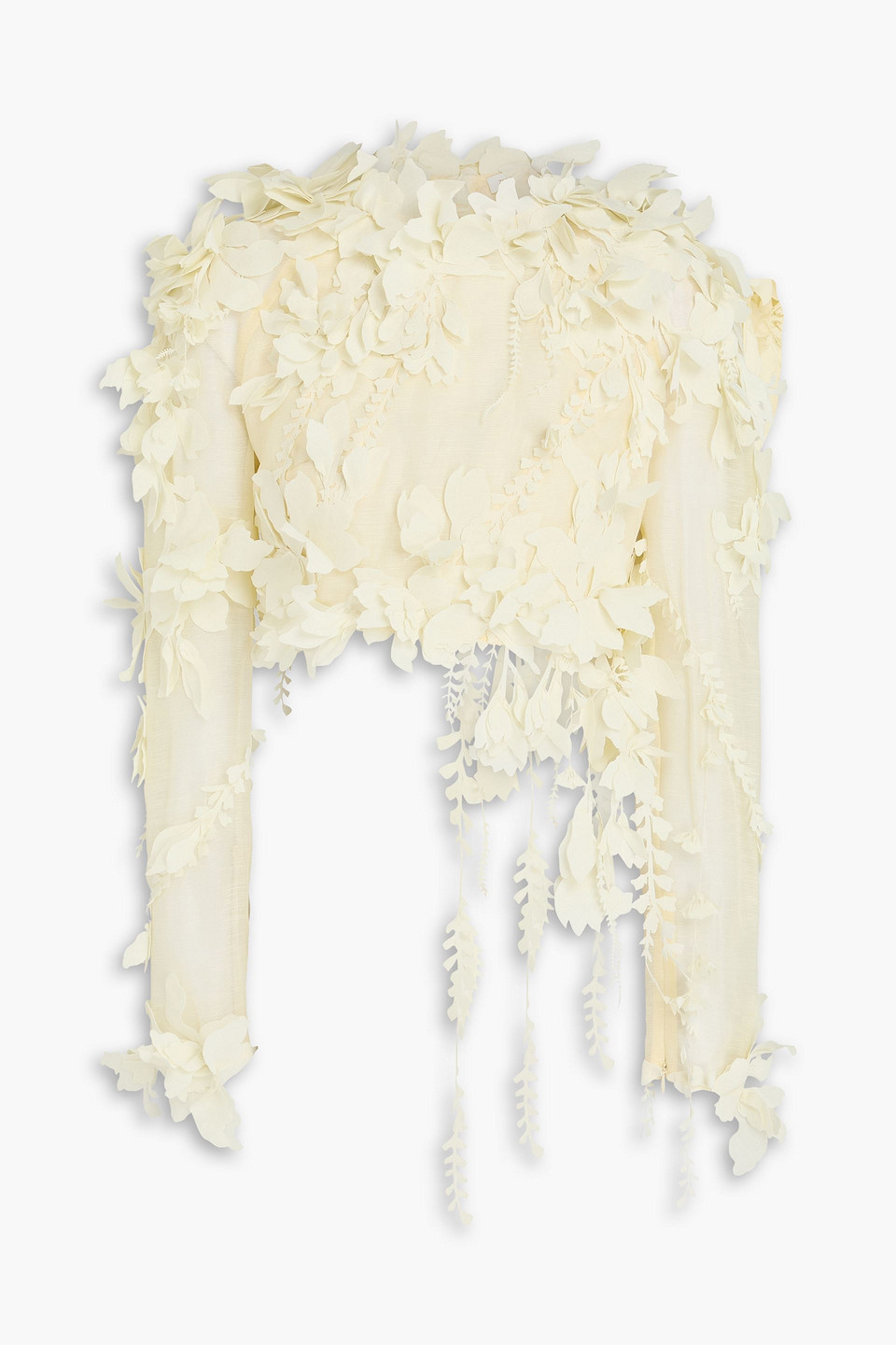Zimmermann Harmony Cropped Asymmetric Appliquéd Linen And Silk-blend Top In Yellow
