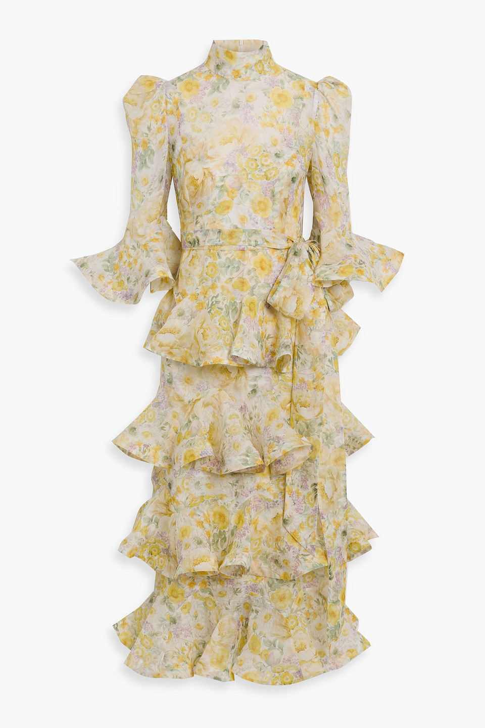 Zimmermann Ruffled Floral-print Linen And Silk-blend Gauze Midi Dress In Yellow