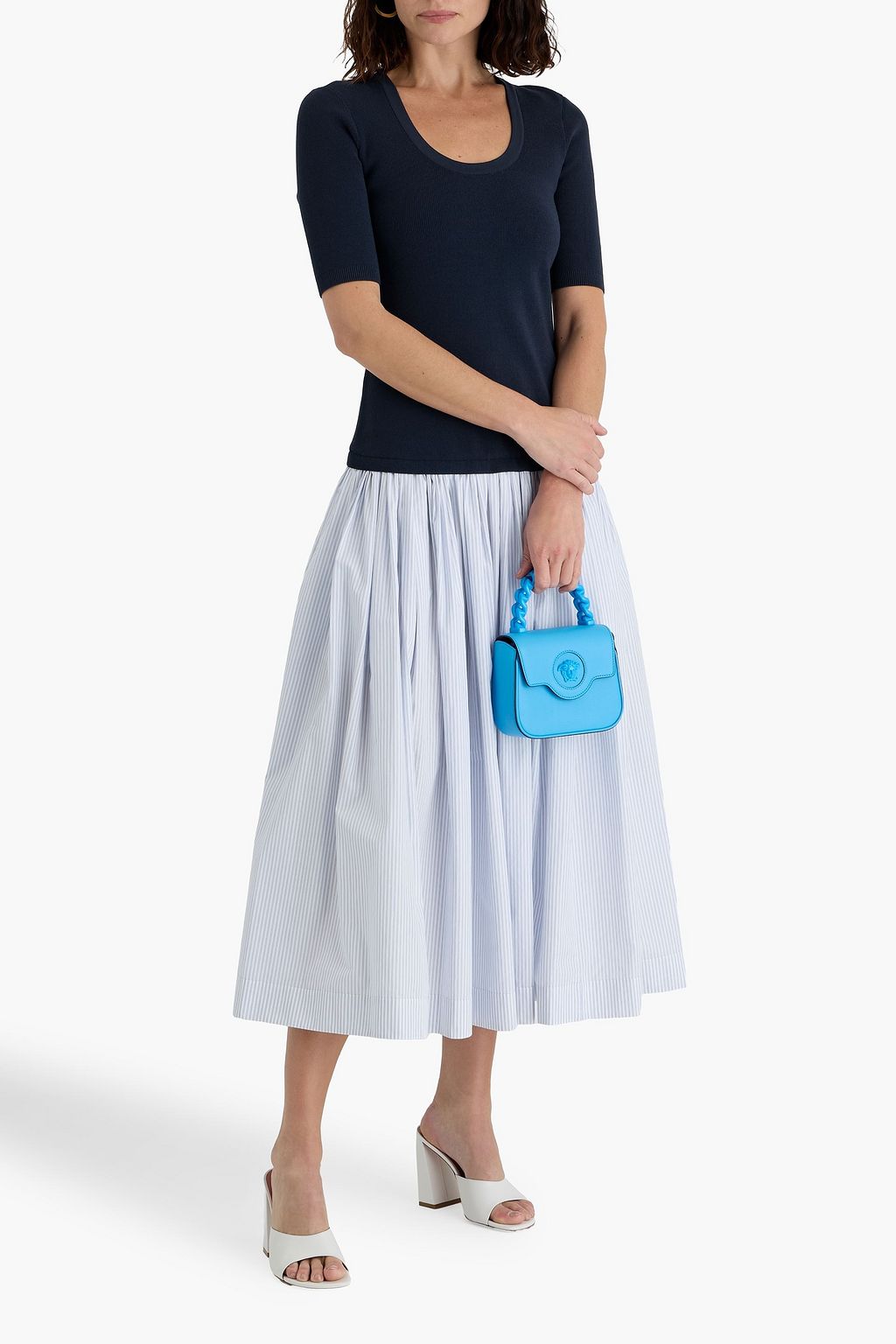 SIMKHAI Patton striped cotton-poplin and ribbed- knit midi dress