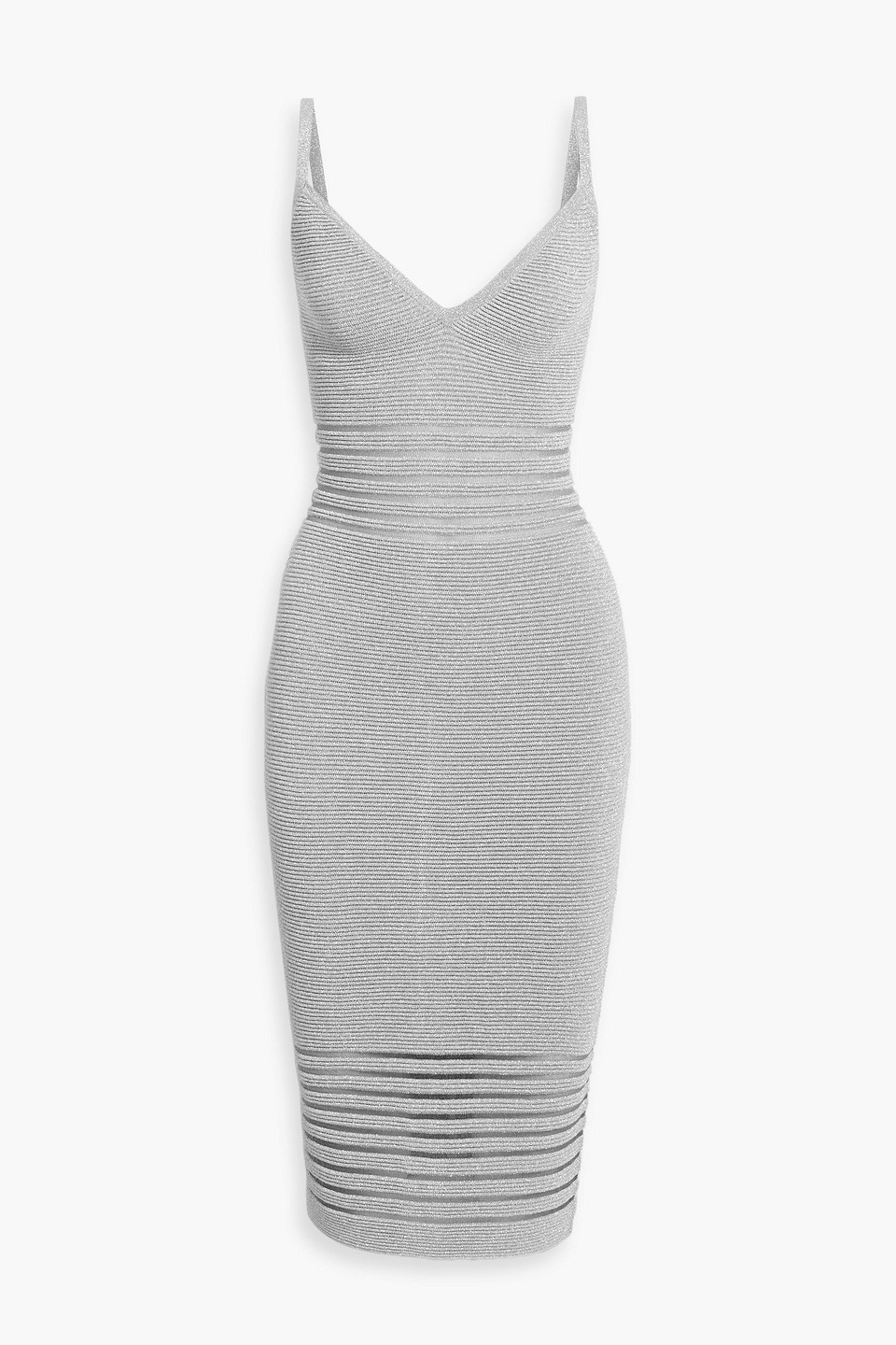 Hervã© Lã©ger Elsa Metallic Ribbed-knit Midi Dress In Silver