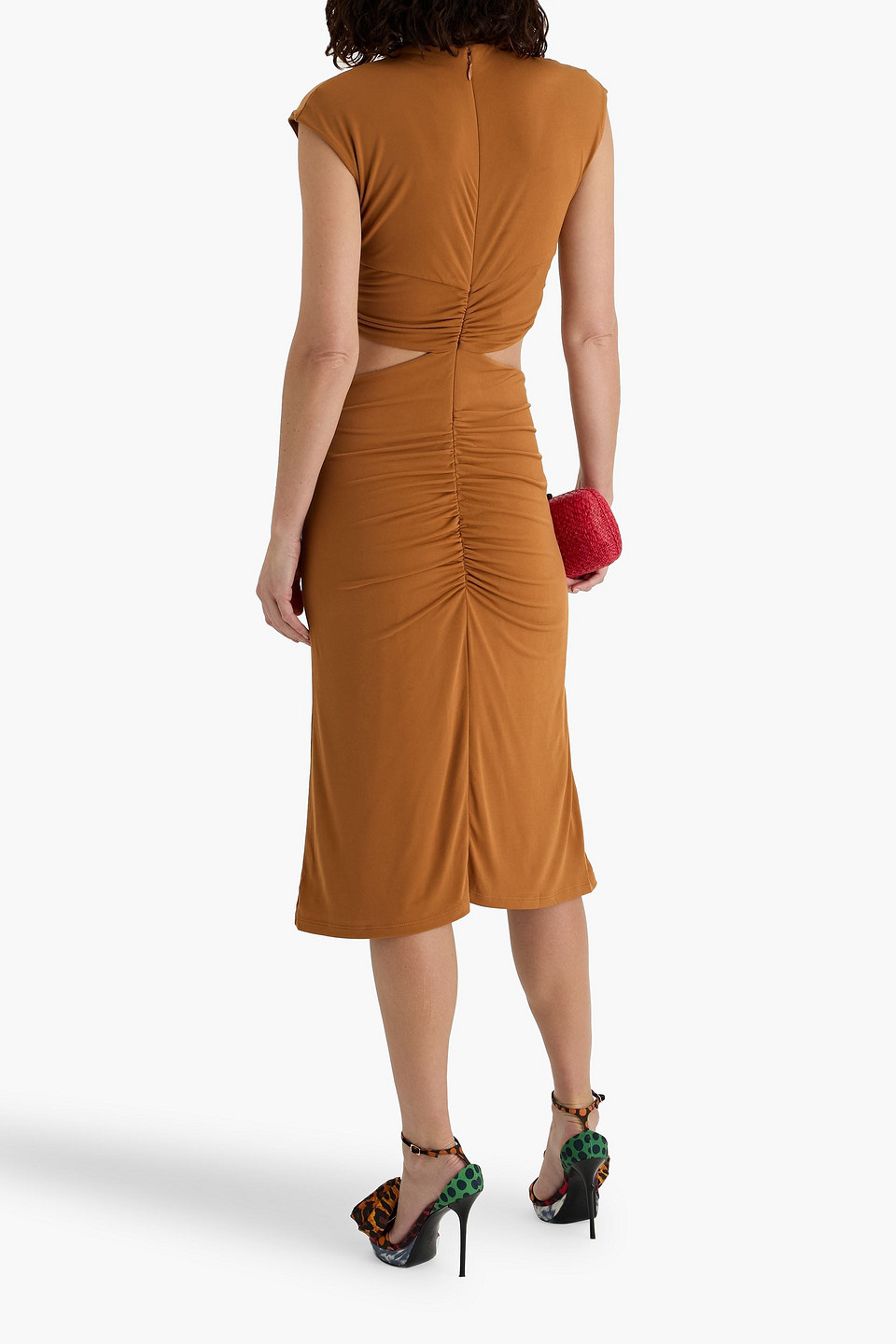 Hervã© Lã©ger Gabrielle Ruched Cutout Stretch-jersey Midi Dress In Brown