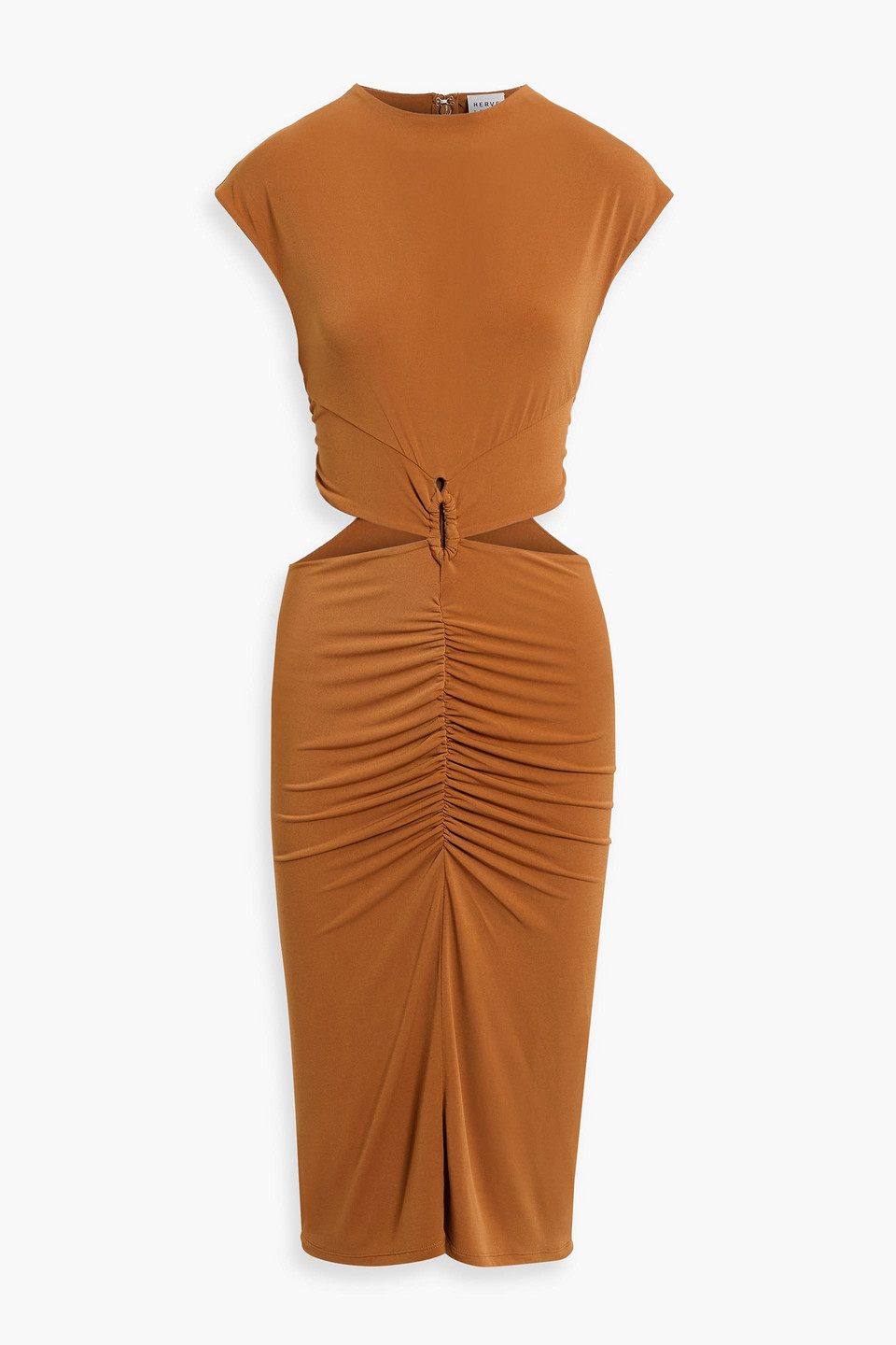 Hervã© Lã©ger Gabrielle Ruched Cutout Stretch-jersey Midi Dress In Brown