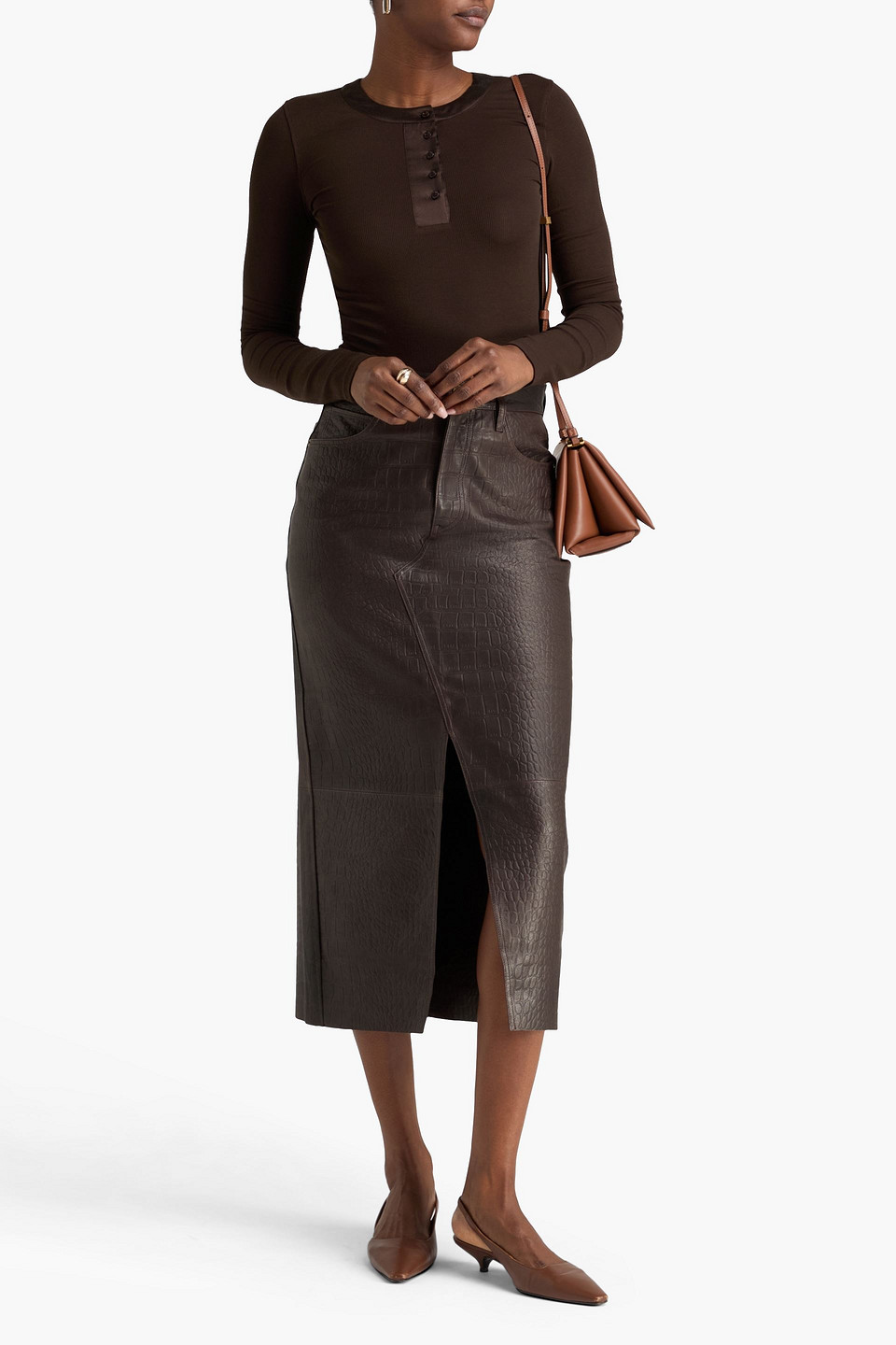Frame Satin-trimmed Ribbed Modal-blend Jersey Top In Brown