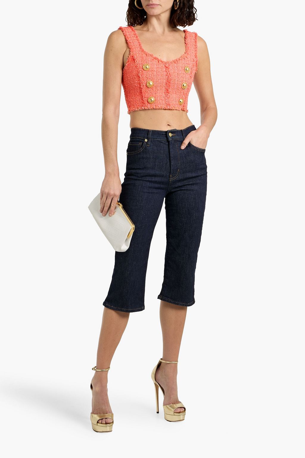 BALMAIN Cropped button-embellished tweed top