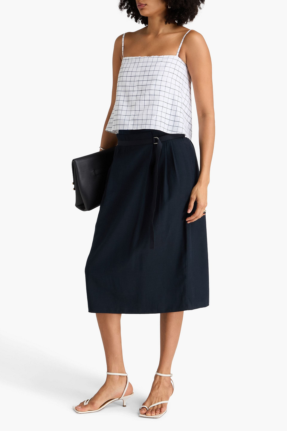 Vince Belted Cady Midi Skirt In Blue
