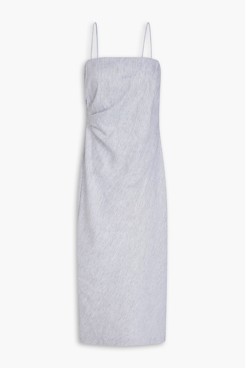 vince. - draped striped linen and cotton-blend midi dress - gray - us 12