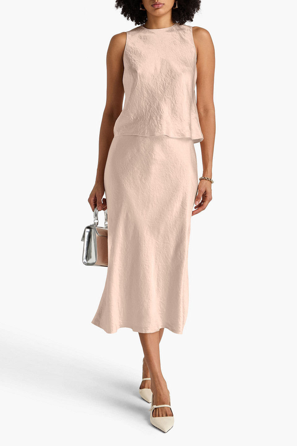 Vince Crinkled-satin Midi Skirt In Neutral