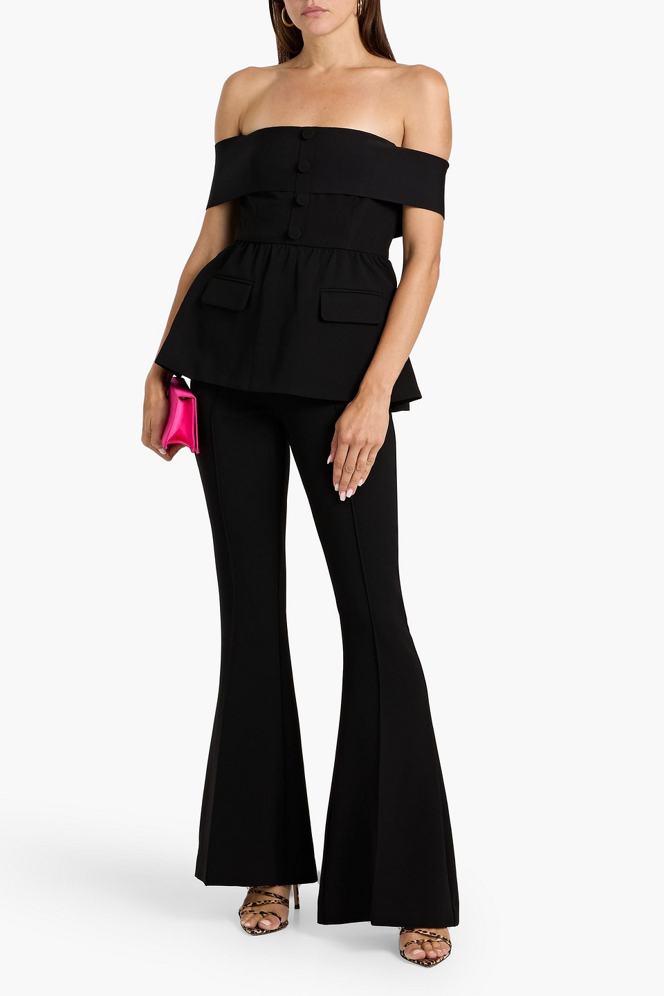 Self-portrait Off-the-shoulder Crepe Peplum Jumpsuit In Black